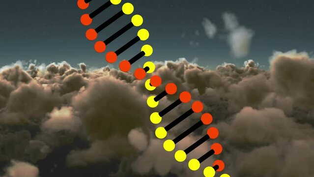 Animation of rotating dna strand over clouds etc