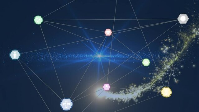 Network of digital icons against shooting star and spot of light on blue background