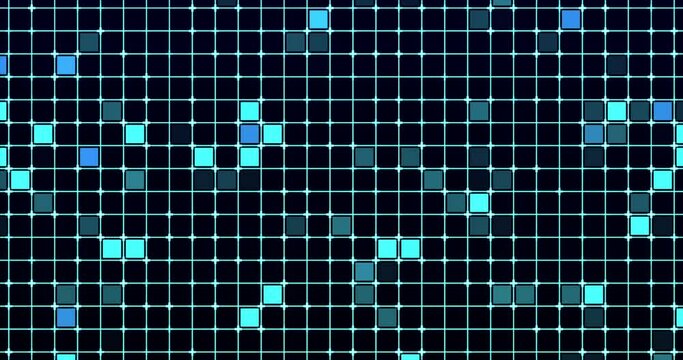 Blue digital squares moving randomly. Seamless Loop.