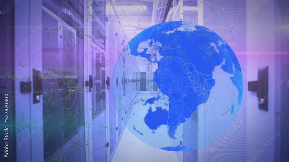 Poster animation of data processing over globe and computer servers