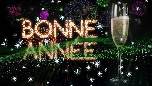 Snowflakes falling over bonne annee text and champagne glass against fireworks exploding