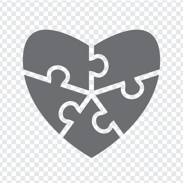 Simple icon of heart puzzle in grey.  Simple icon puzzle of five elements on transparent background for your web site design, logo, app, UI. EPS10.