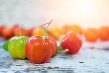 fresh cherry , on wood background, Red fresh cherry, High vitamin C and antioxidant fruits.