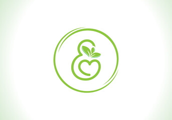 Love healthy and green nutrition leaf logo design vector and the letters. Green love leaf vector. with E