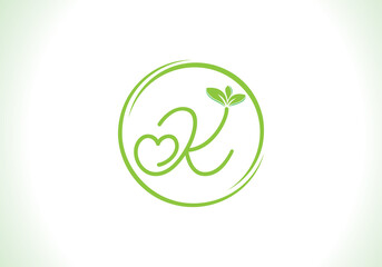 Love healthy and green nutrition leaf logo design vector and the letters. Green love leaf vector. with K