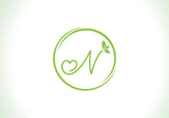 Love healthy and green nutrition leaf logo design vector and the letters. Green love leaf vector. with N