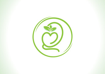 Love healthy and green nutrition leaf logo design vector and the letters. Green love leaf vector. with Q