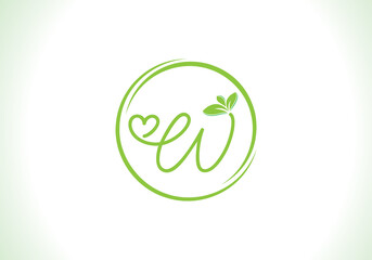 Love healthy and green nutrition leaf logo design vector and the letters. Green love leaf vector. with W