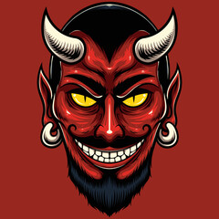 Vector Illustration of Red Devil Head in Vintage Style