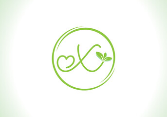 Love healthy and green nutrition leaf logo design vector and the letters. Green love leaf vector. with X