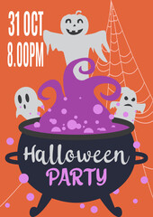Halloween party. Vector illustration. Happy Halloween holiday. Poster or banner and web banner with witch cauldron, pot, ghost, bat, spider web scary potion on yellow background for school