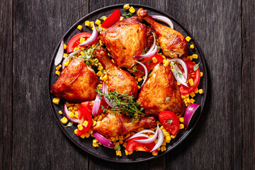 roast chicken with corn and tomatoes on plate