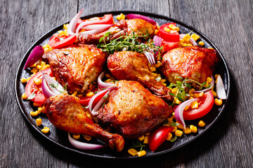 roast chicken with corn and tomatoes on plate