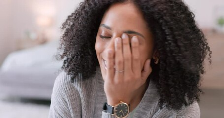 Laughing, smile and happy woman from Guatemala relax at home in a house bedroom. Happiness and positive energy mindset of a young female hearing a comic, funny and comedy joke having a fun time