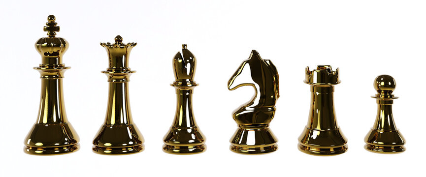 3D rendering of 6 golden chess pieces standing side by side. Chess set, leisure and games. There are both large and small pieces. business planning concept isolated on white background