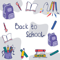 back to school-hand drawn lettering with school supplies icon. hand drawn vector. colorful poster, banner for media social. backpack, book, pencil, ruler, brush, crayon and stack of books illustration