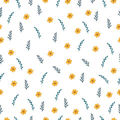 small yellow flower with blue leaf illustration on white background. hand drawn vector. seamless pattern with flower and leaf. doodle art for wallpaper, wrapping paper and gift, dress motif, fabric. 