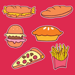 set of fast food icon. doodle food art. hand drawn vector. drawing of sandwich, croissant, pie, burger, pizza slice and fries illustration on pink background. sticker, clipart, poster, banner, cover. 