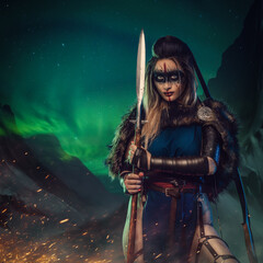 Artwork of antique nordic warrior woman with strup back longbow holding spear. - obrazy, fototapety, plakaty