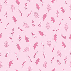 beautiful pink leaf illustration on pink background. hand drawn vector. seamless pattern with leaf. floral background. cute foliage icon. wallpaper, wrapping paper and gift, fabric, dress motif. 