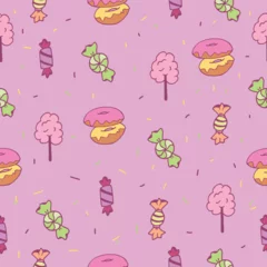 Fototapeten sweet dessert icon. seamless pattern with donut, candy and cotton candy illustration. pastel color. hand drawn vector. doodle art for wallpaper, kids fashion, wrapping paper and gift, backdrop, cover. © siarifzen
