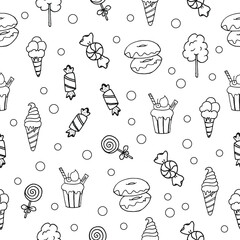 sketch of sweet dessert icon. seamless pattern, hand drawn vector. ice cream, cupcake, donut, candy, lollipop and cotton candy illustration. black and white colors. wallpaper, wrapping paper and gift.