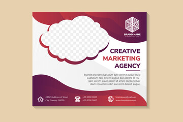 abstract modern template design with headline is creative marketing agency. space of photo collage and text. Advertising banner with horizontal layout. white on background. red gradient on element.