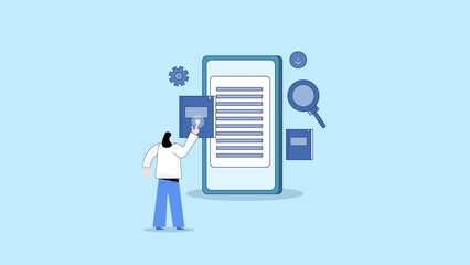 Woman reading ebook on mobile, ebook app on smartphone screen animation concept