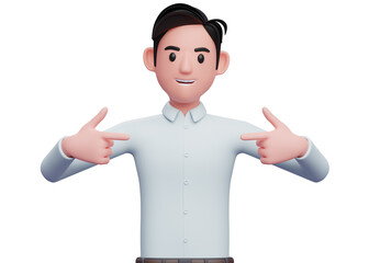 smart boy in blue shirt pointing self, 3D illustration of man in blue shirt pointing self