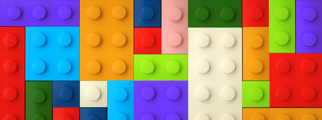 Background with colored toy bricks, 3d render,  panoramic image