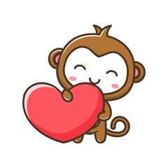 Cute litle monkey with heart cartoon illustration isolated suitable For sticker, crafting, scrapbooking, poster, packaging, children book cover