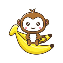 Cute litle monkey with babana cartoon illustration isolated suitable For sticker, crafting, scrapbooking, poster, packaging, children book cover