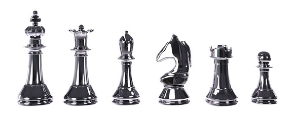 3D rendering of 6 silver chess pieces standing side by side. Chess set, leisure and games. There are both large and small pieces. business planning concept isolated on white background