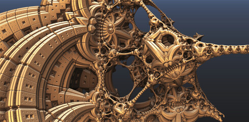 Gold construction and structures, abstract metallic fantastic shapes of ancient civilization architecture machinery