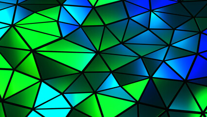 Abstract colorful mosaic background, blue green polygons on black, trangle shapes stained glass