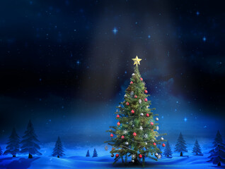 Forest at night with christmas tree