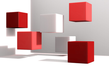 Red and white cubes by wall