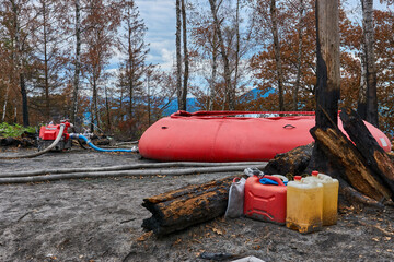 Bohemian National Park: Temporary cistern with pump and fuel in nature for assisting during fire...