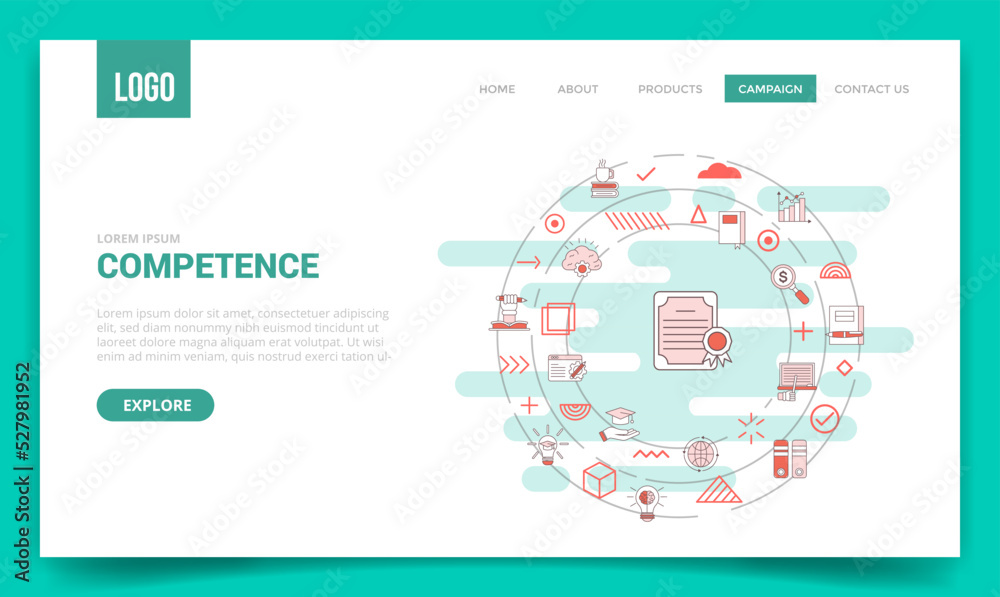 Sticker competence concept with circle icon for website template or landing page homepage