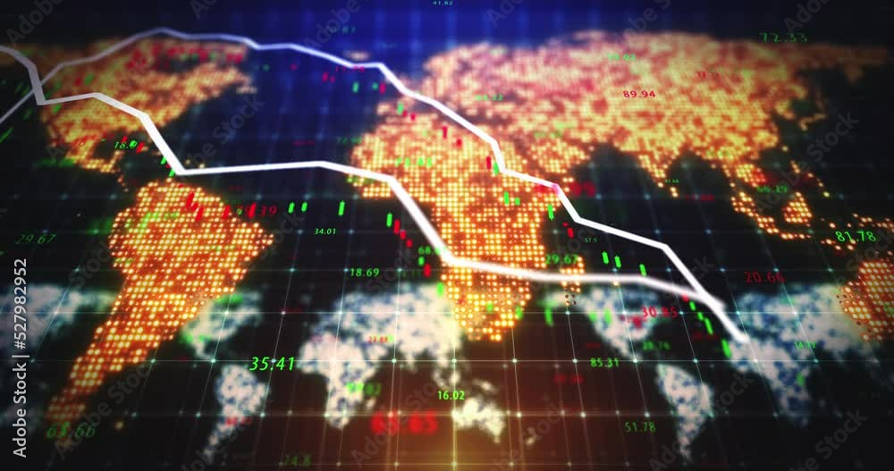 Fototapete finance, world map and stock market 3d screen for investment network dashboard technology. analytics