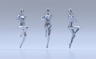 silver Metallic glossy plastic naked woman in elegant aesthetic pose - 3d illustration of a surreal technological artificial woman chrome color