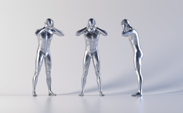 metallic silver Technological human male mannequin standing with hands holding his head with pain and stress emotion - 3d anatomy artificial intelligence illustration