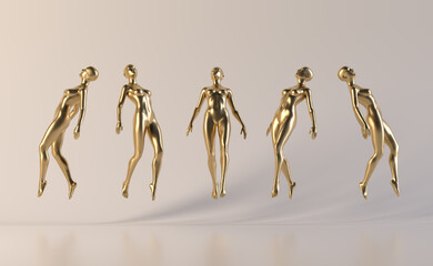 Fototapeta premium Gold Metallic glossy plastic naked woman in elegant aesthetic floating falling pose - 3d illustration of a surreal technological artificial woman from different angles