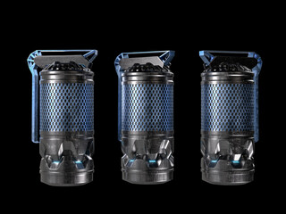 3d render of modern futuristic sci fi steel metallic stun grenade or flashbang with glowing light net mesh and surface imperfections lit with dramatic lighting