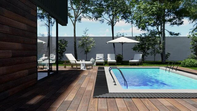 Contemporary house with pool. Pool deck at private villa. 3d visualization