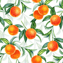 Oranges watercolor seamless pattern. Hand drawn illustration of citrus ripe fruits and leaves on branches. Endless tropical background. For fabric and wallpaper.