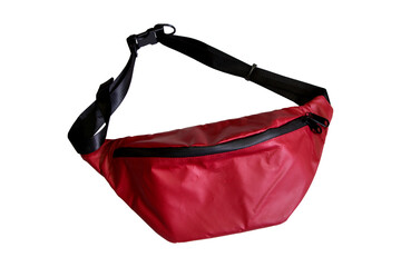 Red bag top view. Empty trendy belly-bag for tourist mockup isolated on white. Clear sport adjust package for carrying phone template.