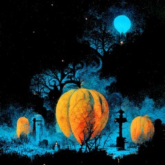 Halloweenkürbisse auf einem Friedhof in der Nacht mit sphärischem blauem Nebel