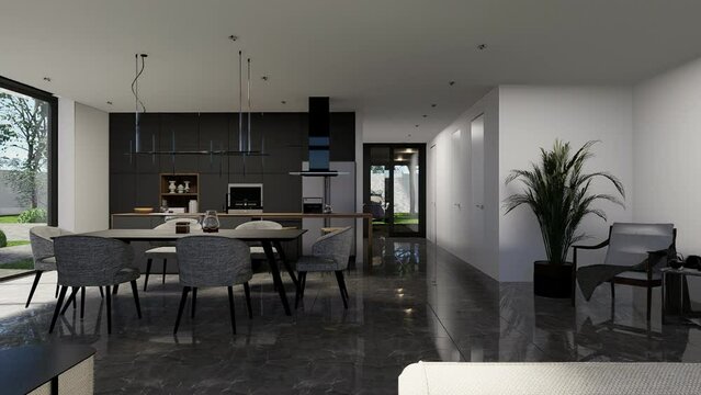 Interior of a modern kitchen in a house 3D animation.