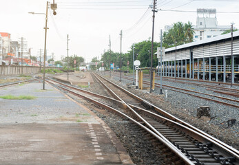 Fototapeta na wymiar Railway station tracks common way before come to station.